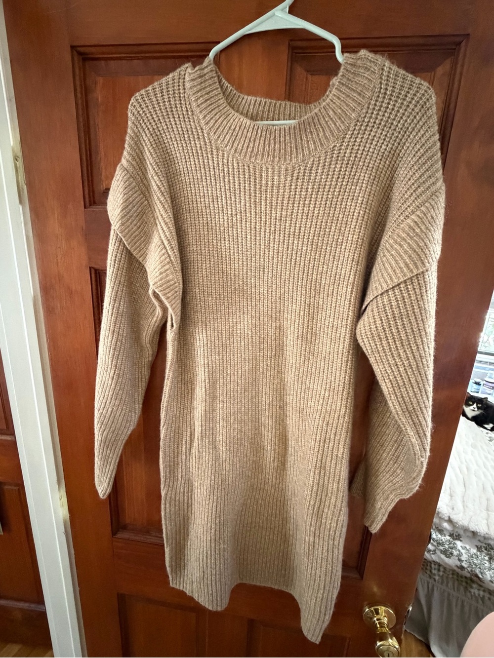 Classic Cream-Tan Ribbed Long Sleeve Sweater Dress